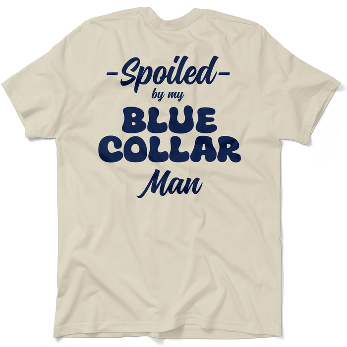 White t-shirt with blue text 'Spoiled by my Blue Collar Man' on a transparent background