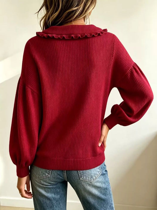 Stylish Ruffled Collar, Front Button Sweater