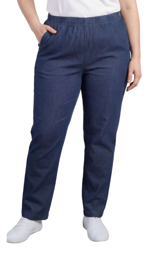 Women's lightweight pull-on jeans with elastic waistband and flattering straight-leg fit