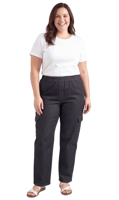 Women's Pull-On Denim Cargo Pants — Elastic Stretch Waist