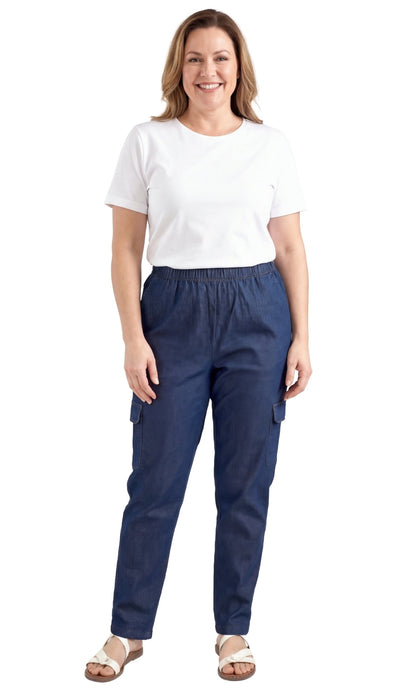 Women's Pull-On Denim Cargo Pants — Elastic Stretch Waist
