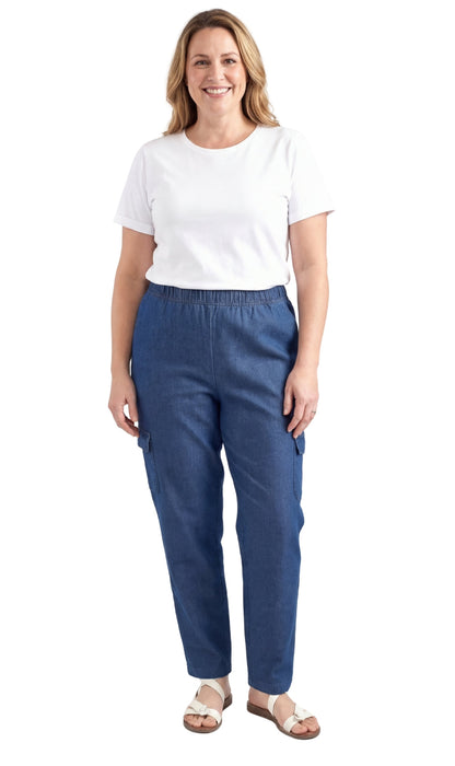 Women's Pull-On Denim Cargo Pants — Elastic Stretch Waist