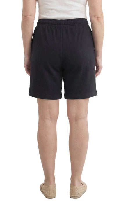 Women's knit cotton shorts with elastic waist and side pockets in black, red, royal, and white colors.