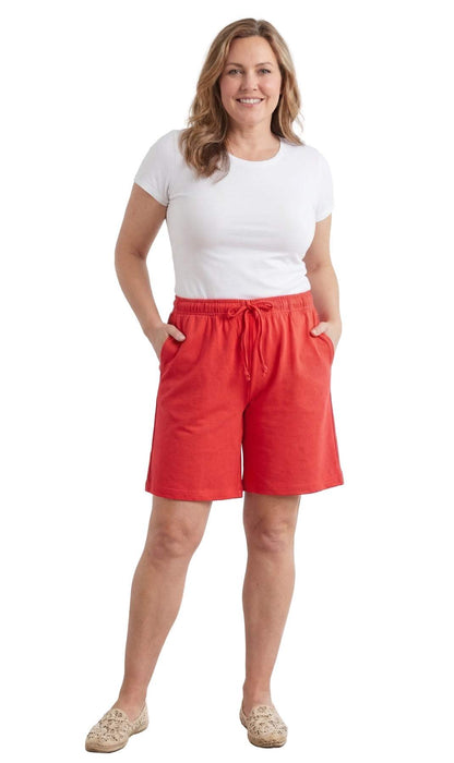 Women's knit cotton shorts with comfortable elastic waist and side pockets in multiple colors