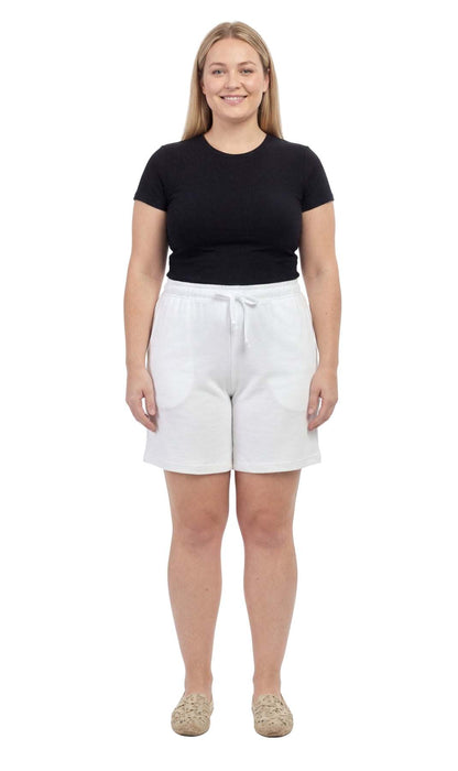Comfortable women's knit cotton shorts with elastic waist and side pockets in black
