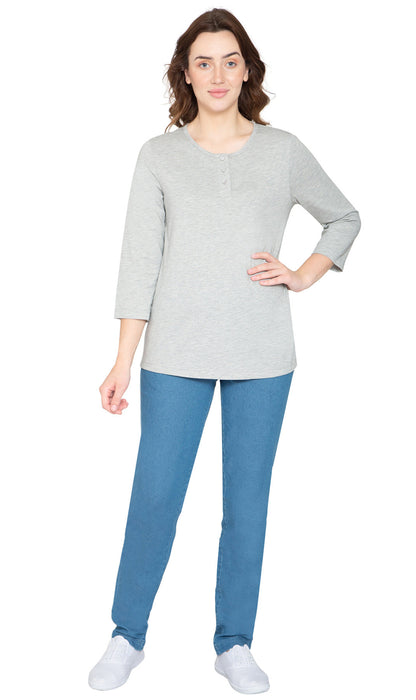 Women's 3/4 Sleeve Henley Top — Cotton Blend with Button Placket