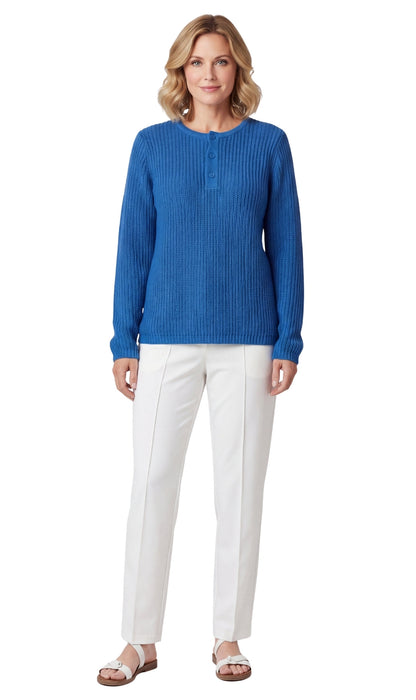 Women's Long Sleeve Henley Shaker Knit Sweater — 3-Button Placket