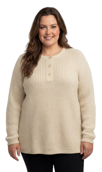 Women's Long Sleeve Henley Shaker Knit Sweater — 3-Button Placket