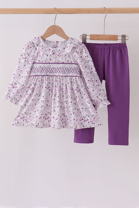 Kids Purple Floral Smocked Pants Set