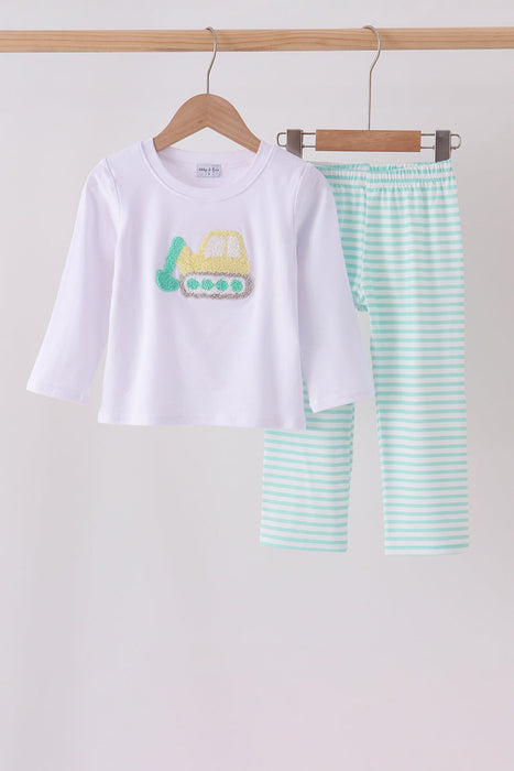 Kids Green Excavator Striped Pants Set