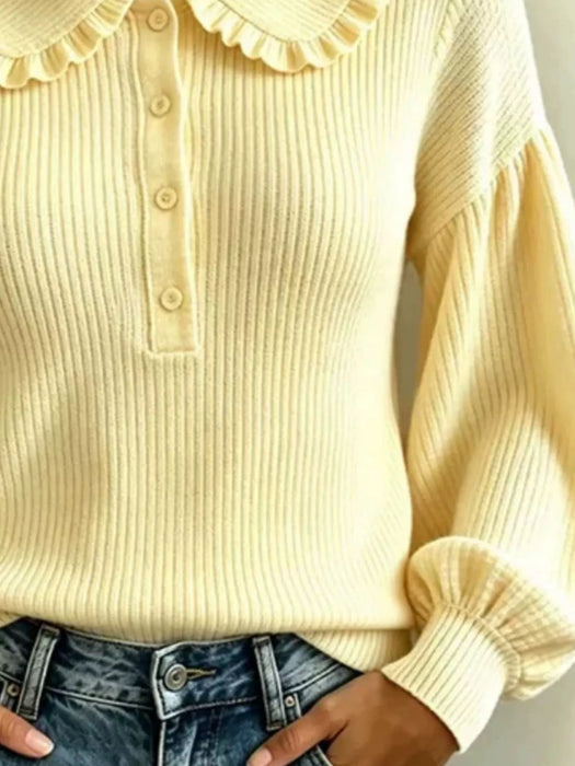 Stylish Ruffled Collar, Front Button Sweater