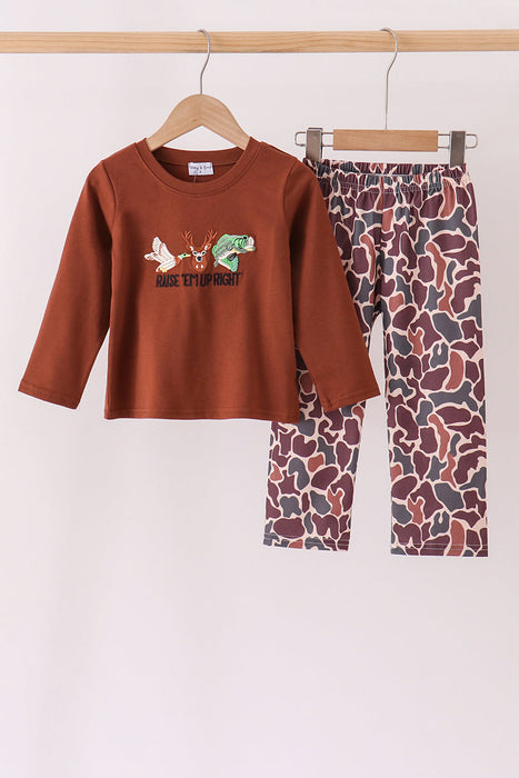 Brown Camouflage Outdoors Embroidered Pants Set