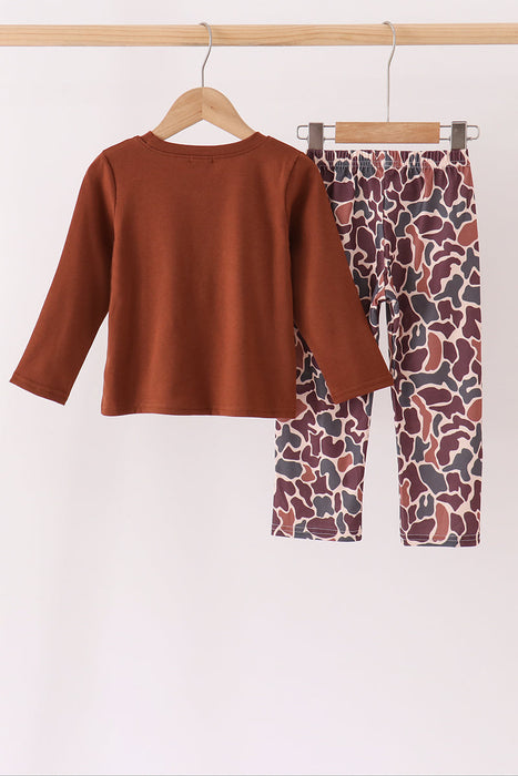 Brown Camouflage Outdoors Embroidered Pants Set