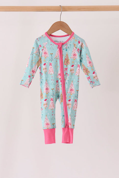 Green and Pink Christmas Bamboo Zip Romper