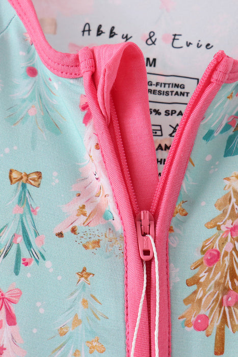 Green and Pink Christmas Bamboo Zip Romper