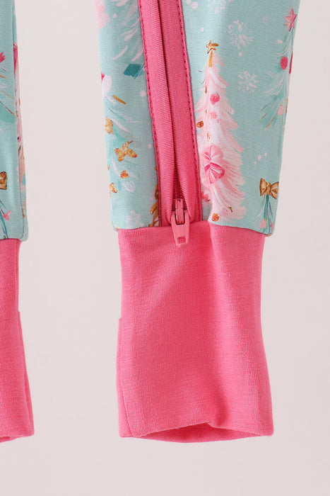 Green and Pink Christmas Bamboo Zip Romper
