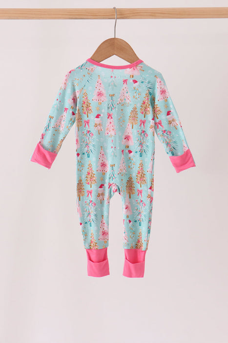 Green and Pink Christmas Bamboo Zip Romper