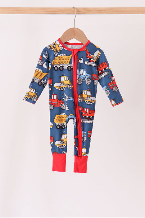 Navy Tractor Print Bamboo Romper