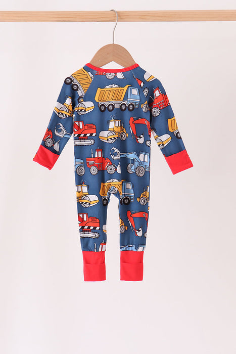 Navy Tractor Print Bamboo Romper