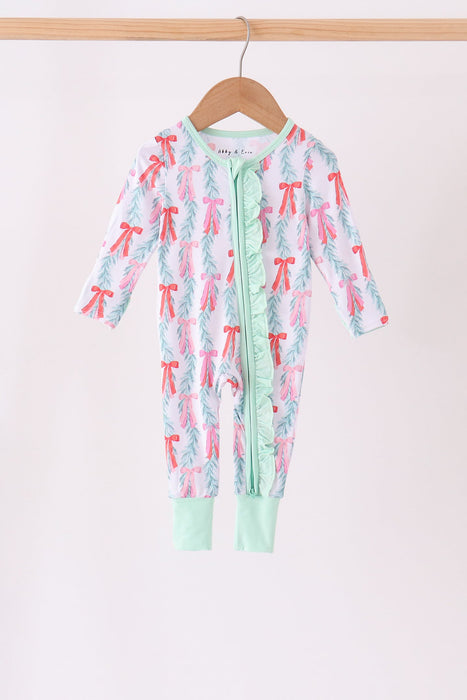 Kids Green Bow Christmas Zip Romper