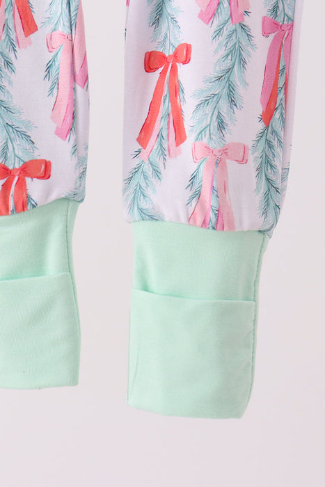 Kids Green Bow Christmas Zip Romper