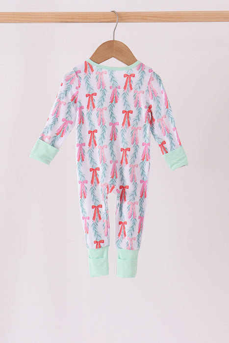 Kids Green Bow Christmas Zip Romper