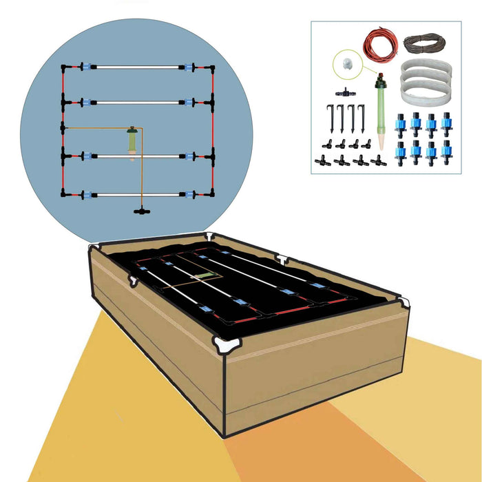 Blumat irrigation system setup for raised garden beds with sensors and drip tape options