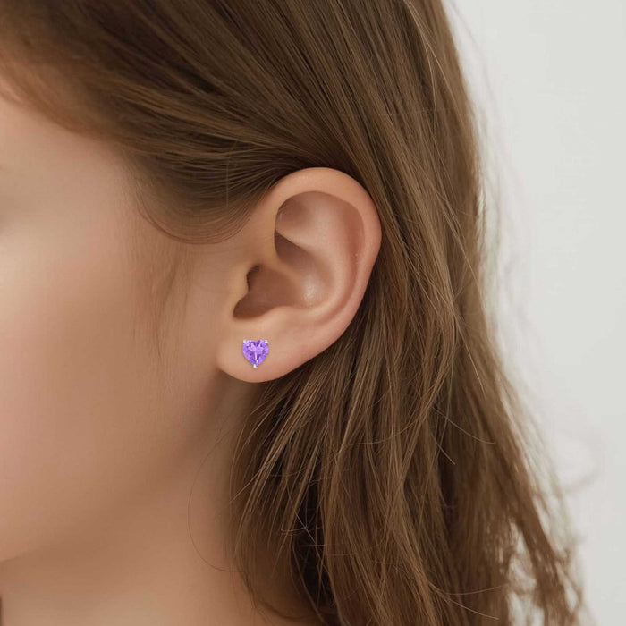 Heart CZ Stud Earrings in Sterling Silver (Purple)