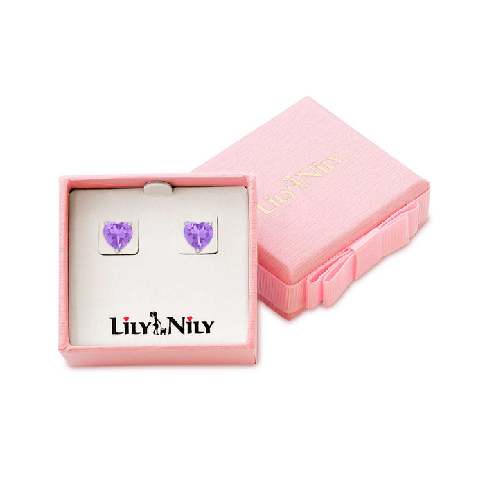 Heart CZ Stud Earrings in Sterling Silver (Purple)