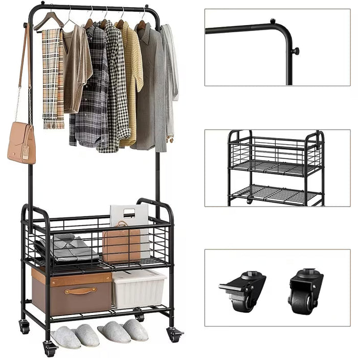Metal Rolling Laundry Cart with Hanging Rack and Storage Shelf