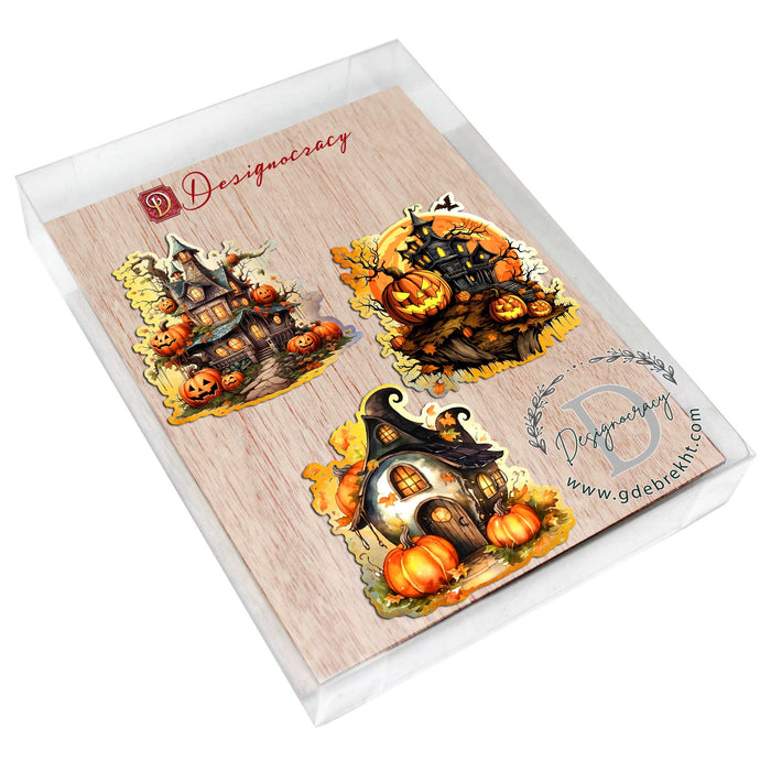 Spooky Houses Decorative Wooden Ornaments of 3 by G. Debrekht - Halloween Decor - 8091007-S3