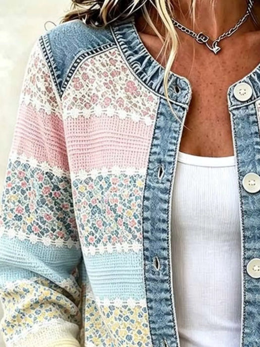 Women's Full Size Floral Patchwork Denim Trim Jacket
