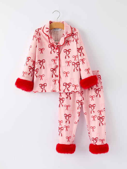 Girls Bow Pajama Set with Furry Trim