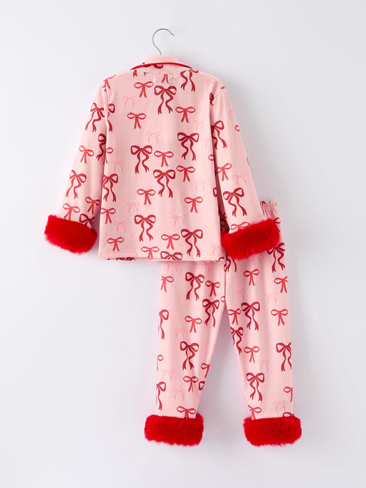 Girls Bow Pajama Set with Furry Trim