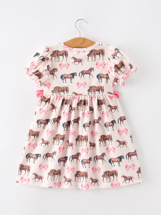 Western Horse Smocked Girls Dress (Bow Ruffle Short Sleeve)