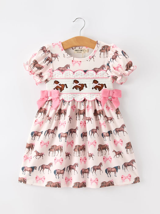 Western Horse Smocked Girls Dress (Bow Ruffle Short Sleeve)