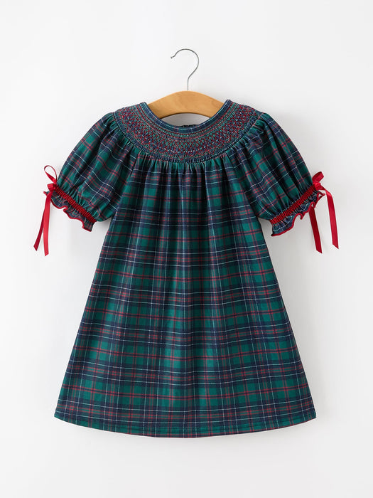 Girls Christmas Plaid Smocked Dress with Puff Sleeves