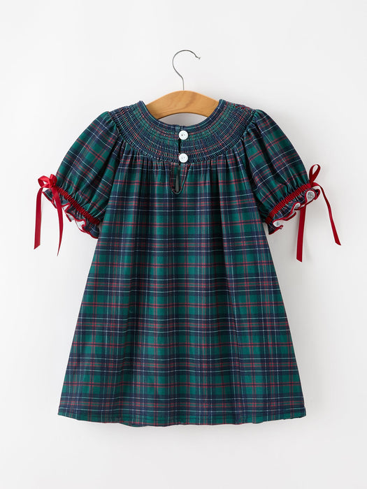 Girls Christmas Plaid Smocked Dress with Puff Sleeves