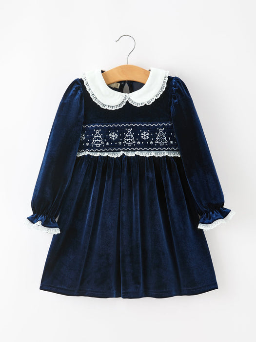 Girls Christmas Tree Navy Velvet Smocked Lace Dress