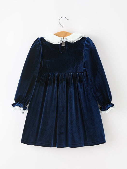 Girls Christmas Tree Navy Velvet Smocked Lace Dress