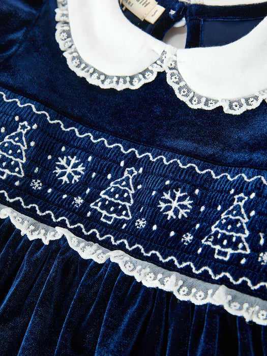 Girls Christmas Tree Navy Velvet Smocked Lace Dress