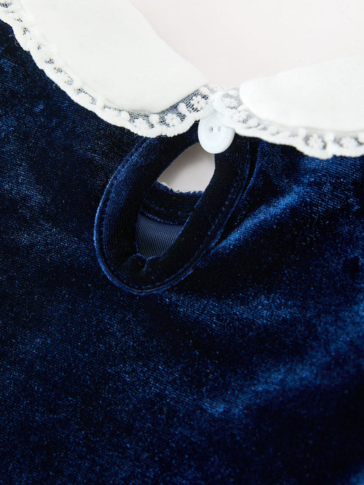 Girls Christmas Tree Navy Velvet Smocked Lace Dress