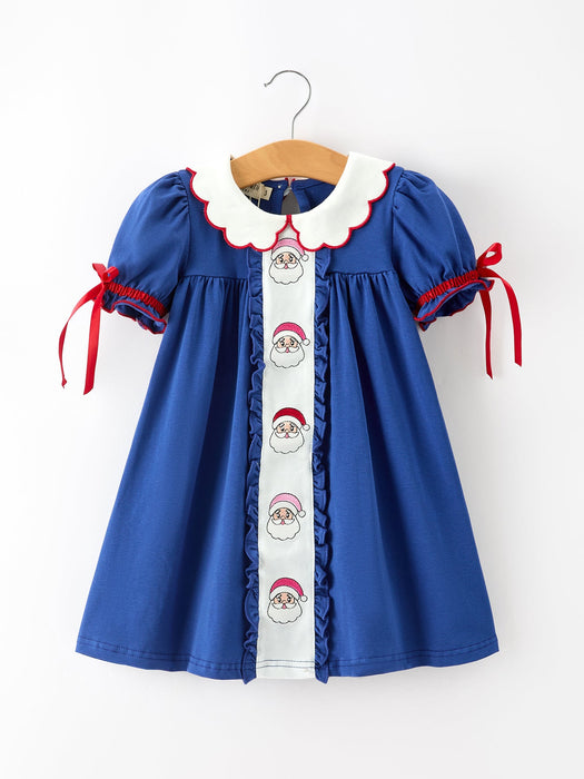 Christmas Dress Santa Embroidery Blue Petal Collar for Girls