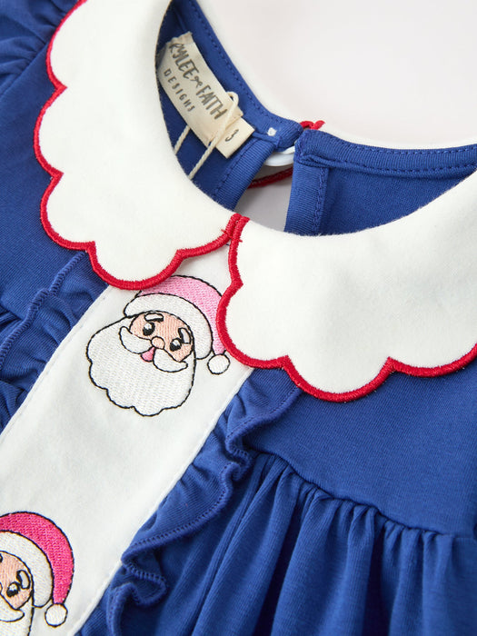 Christmas Dress Santa Embroidery Blue Petal Collar for Girls
