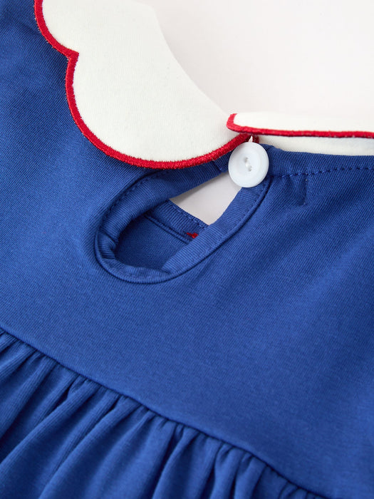 Christmas Dress Santa Embroidery Blue Petal Collar for Girls