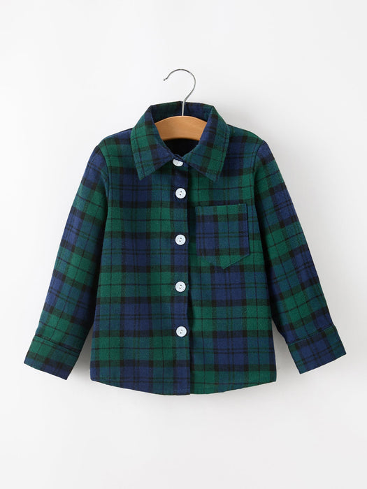 Boys Christmas Green & Navy Plaid Button Down Shirt