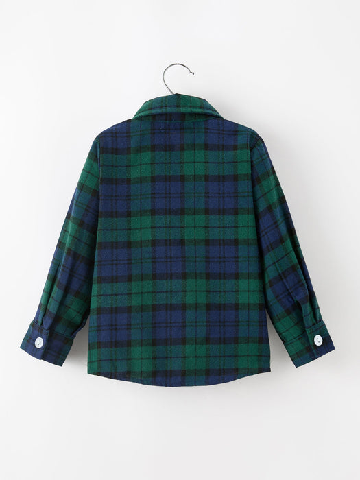 Boys Christmas Green & Navy Plaid Button Down Shirt