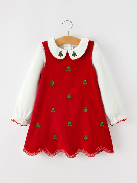 Girls Christmas Tree Embroidered Corduroy Dress & Cotton Top Set