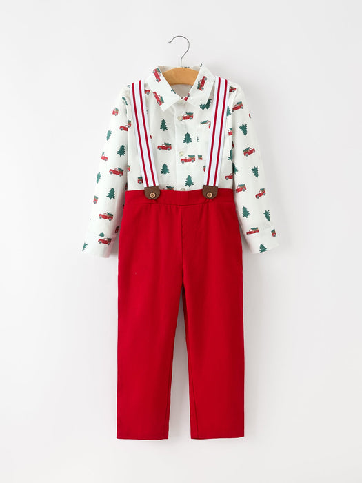 Boys Christmas Outfit | Red Truck Shirt, Red Pants & Suspenders Set