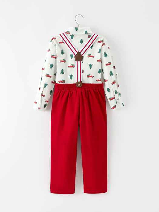 Boys Christmas Outfit | Red Truck Shirt, Red Pants & Suspenders Set